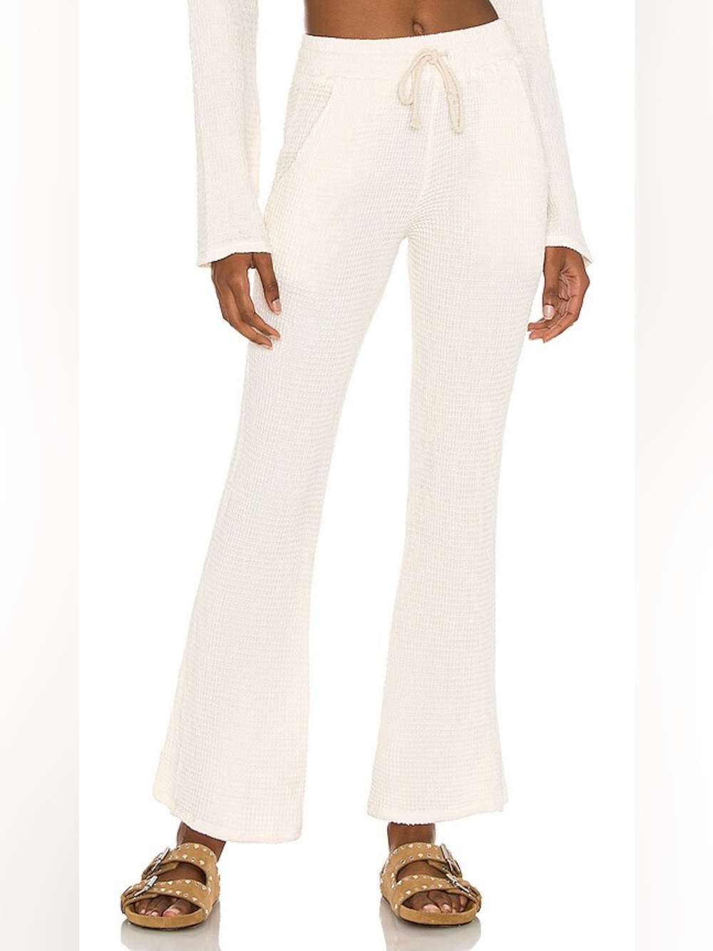 DONNI. Cream Waffle Knit Flare Pants with Drawstring Waist